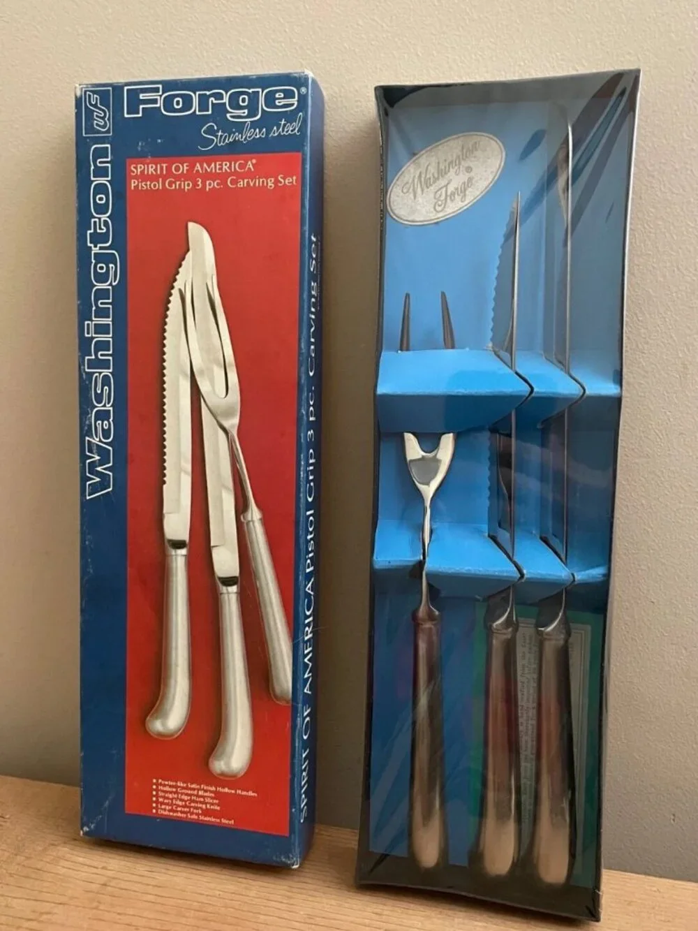 Vintage Washington Forge Spirit of America 3pc Carving Set Pistol Grip NOS